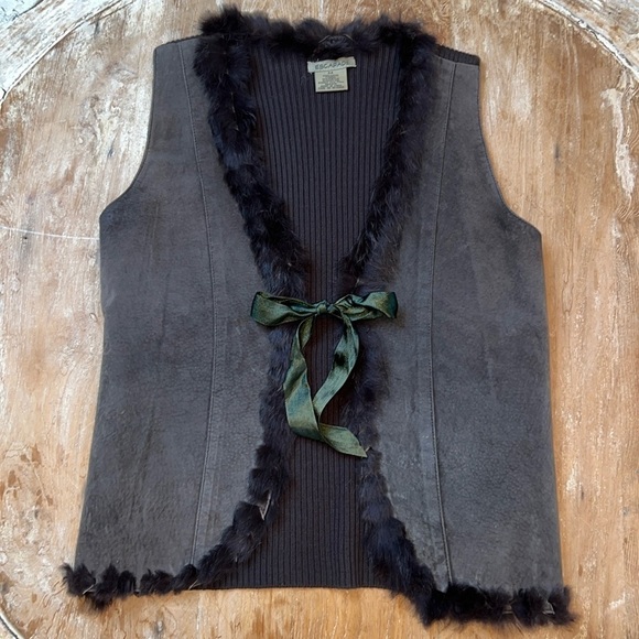 SUEDE Vest with Knit Back & Rabbit Fur Trim, Size M - Picture 1 of 5